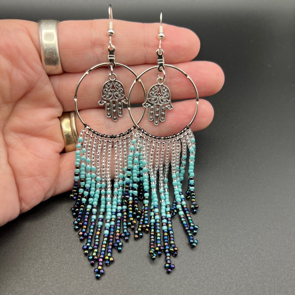 Beaded Fringe Earrings w/Hamsa Hand Charms